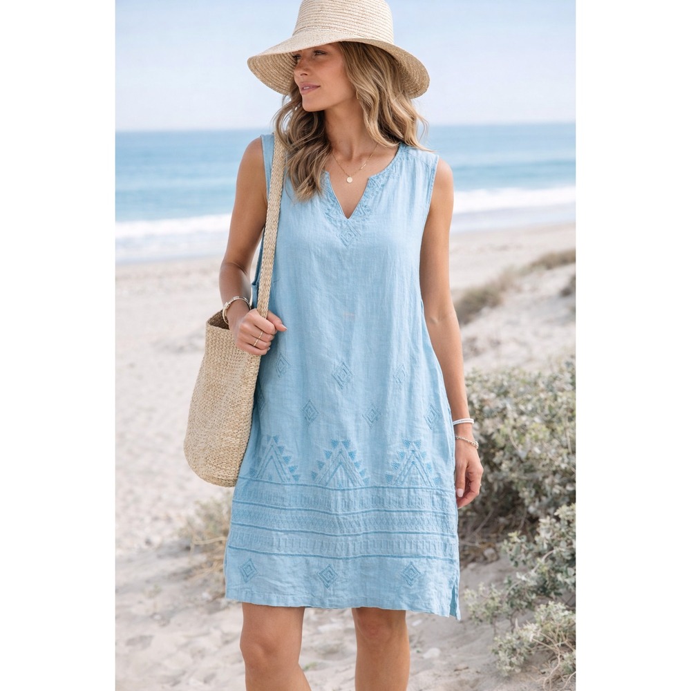 Artisan NY 100% Linen Tunic Dress Women's XL Teal Sleeveless Embroidered Boho